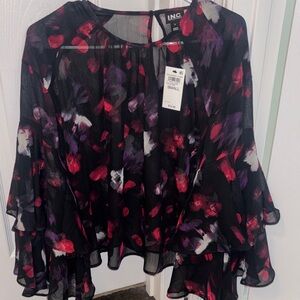 INC International Concepts Black Floral Sheer Ruffle Bell-Sleeve Blouse